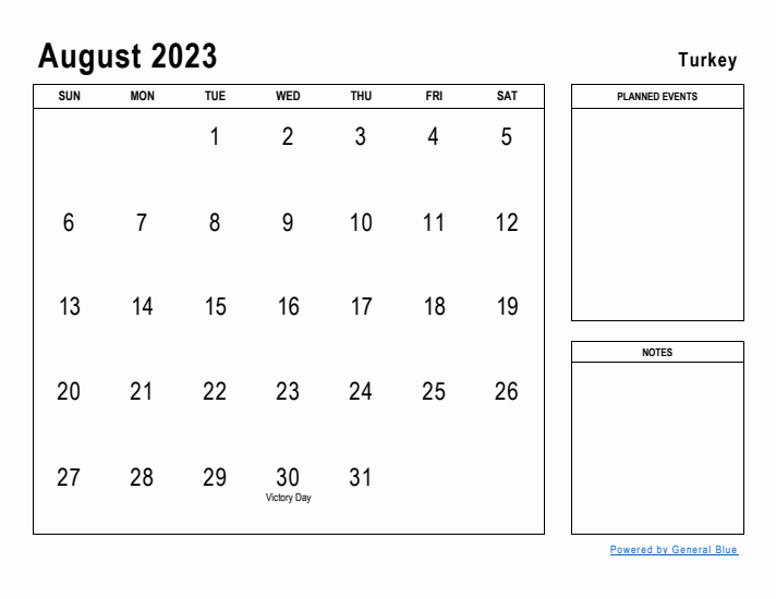 August 2023 Printable Monthly Calendar with Turkey Holidays