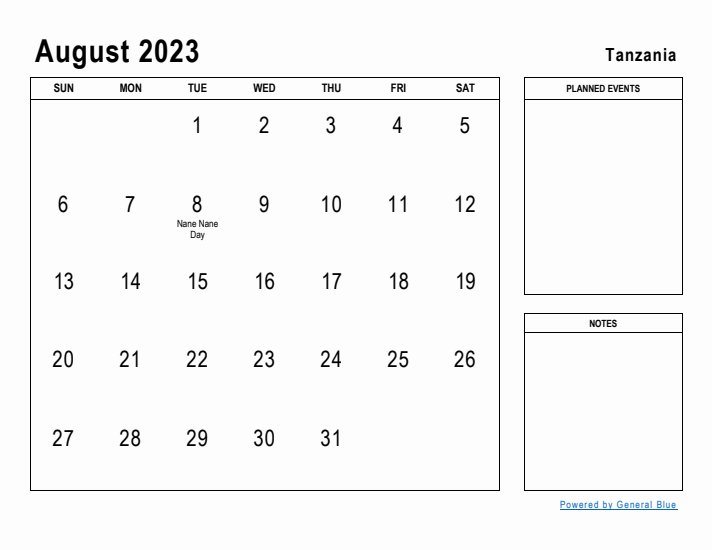 August 2023 Printable Monthly Calendar with Tanzania Holidays