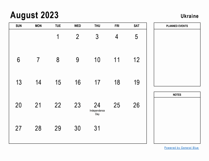 August 2023 Printable Monthly Calendar with Ukraine Holidays