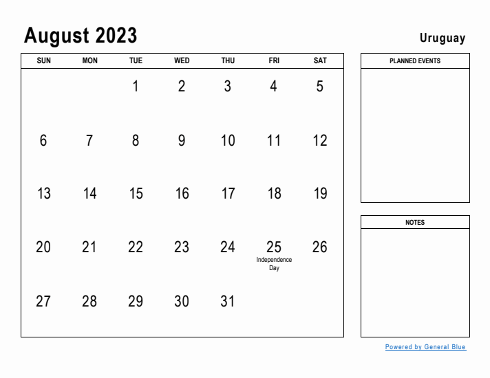 August 2023 Printable Monthly Calendar with Uruguay Holidays