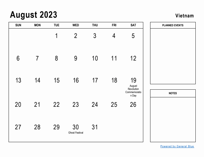 August 2023 Printable Monthly Calendar with Vietnam Holidays