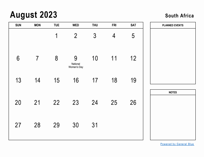 August 2023 Printable Monthly Calendar with South Africa Holidays