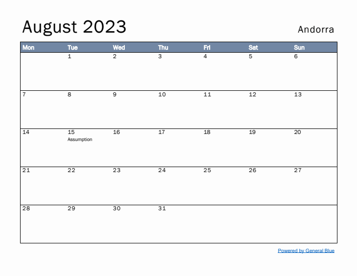 August 2023 Simple Monthly Calendar for Andorra