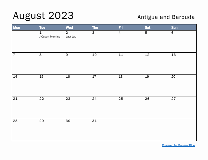 August 2023 Simple Monthly Calendar for Antigua and Barbuda