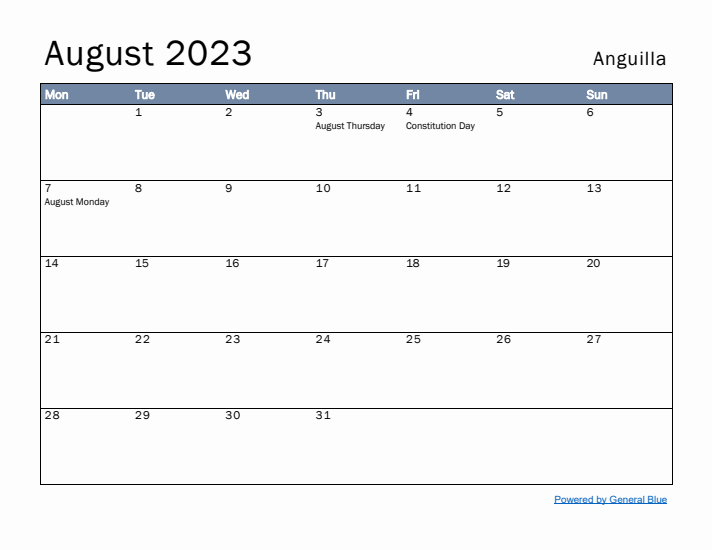 August 2023 Simple Monthly Calendar for Anguilla