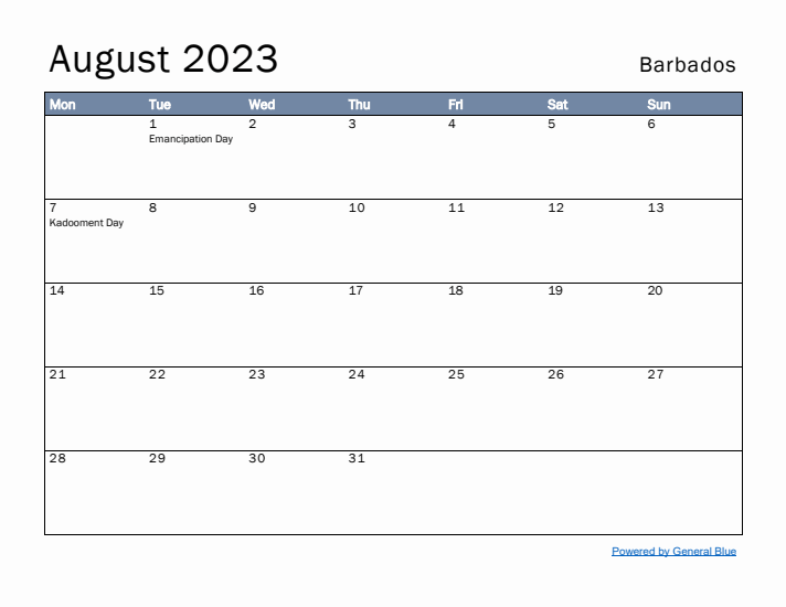 August 2023 Simple Monthly Calendar for Barbados