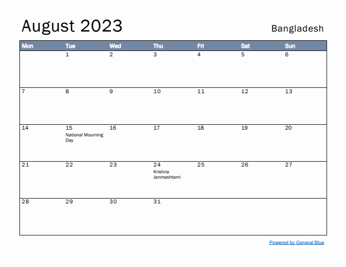 August 2023 Simple Monthly Calendar for Bangladesh