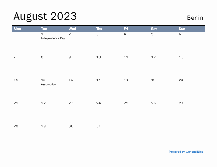 August 2023 Simple Monthly Calendar for Benin