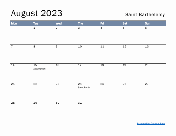 August 2023 Simple Monthly Calendar for Saint Barthelemy