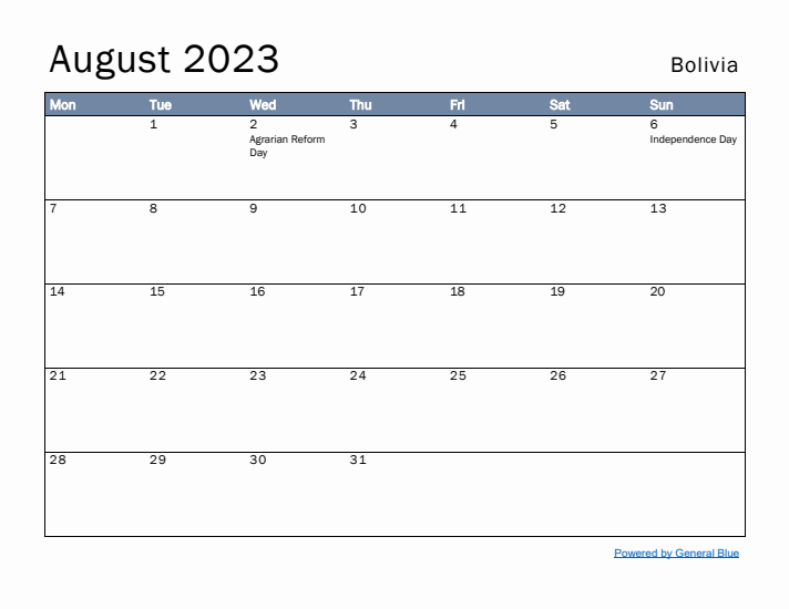 August 2023 Simple Monthly Calendar for Bolivia