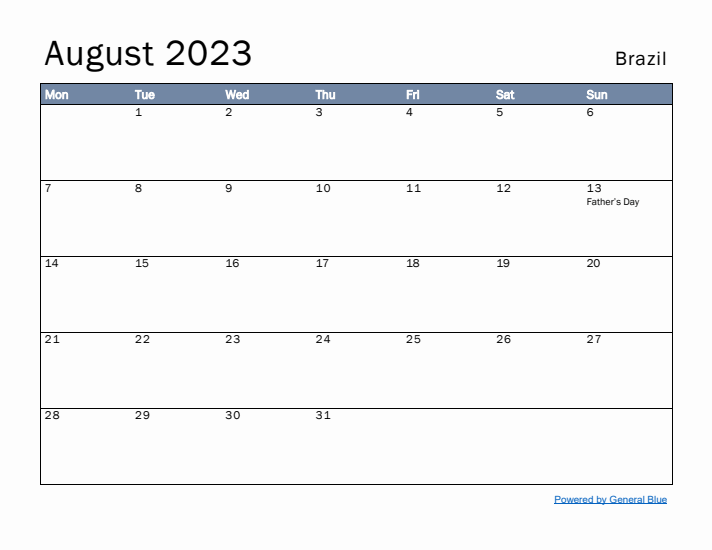 August 2023 Simple Monthly Calendar for Brazil