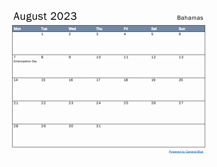 August 2023 Simple Monthly Calendar for Bahamas