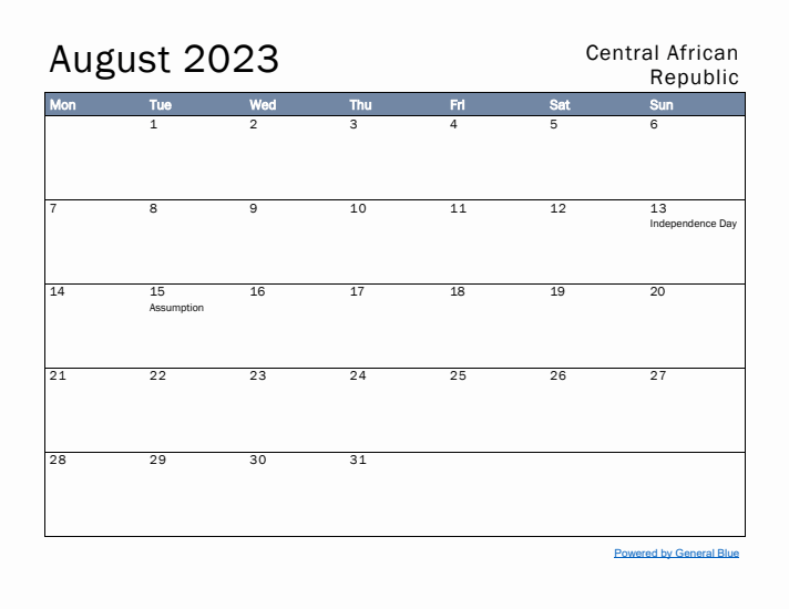 August 2023 Simple Monthly Calendar for Central African Republic