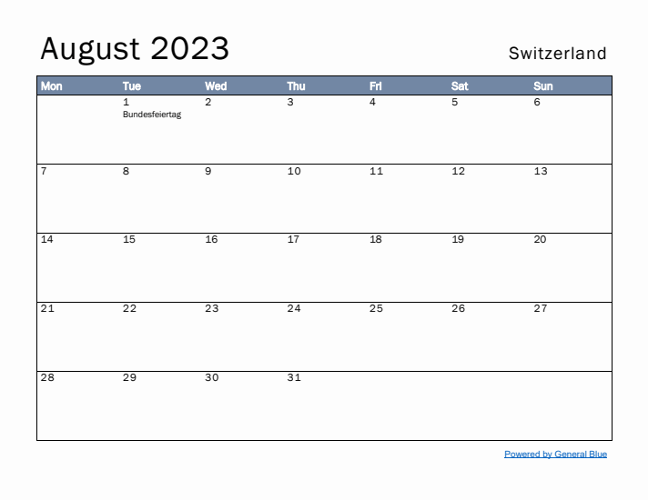 August 2023 Simple Monthly Calendar for Switzerland