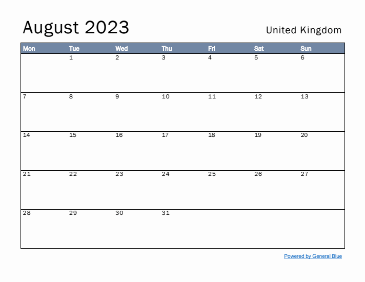 August 2023 Simple Monthly Calendar for United Kingdom