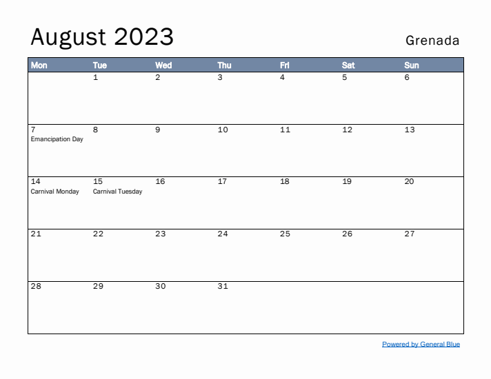 August 2023 Simple Monthly Calendar for Grenada