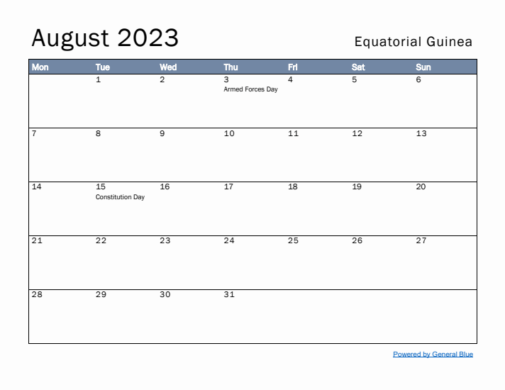 August 2023 Simple Monthly Calendar for Equatorial Guinea