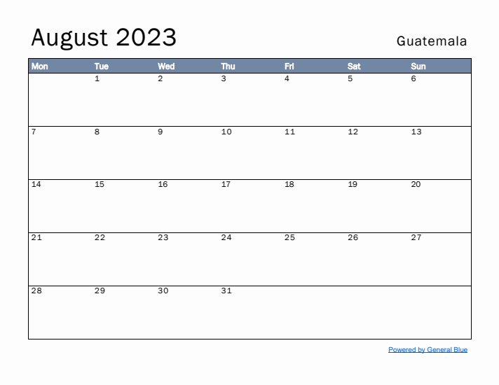 August 2023 Simple Monthly Calendar for Guatemala