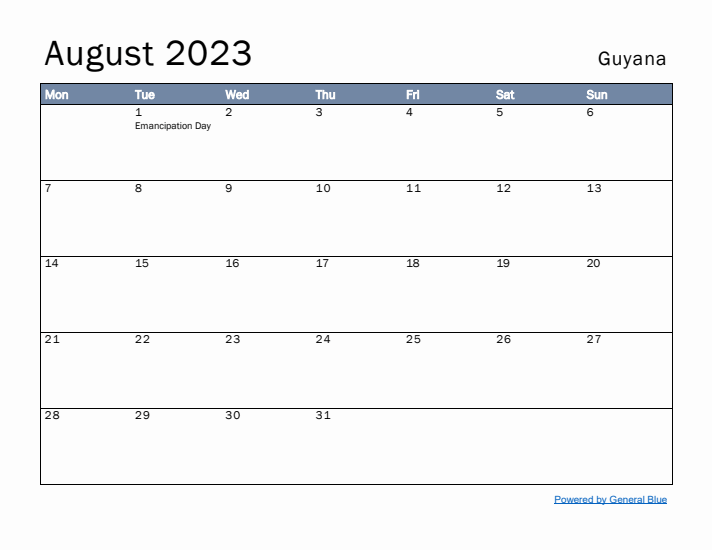 August 2023 Simple Monthly Calendar for Guyana