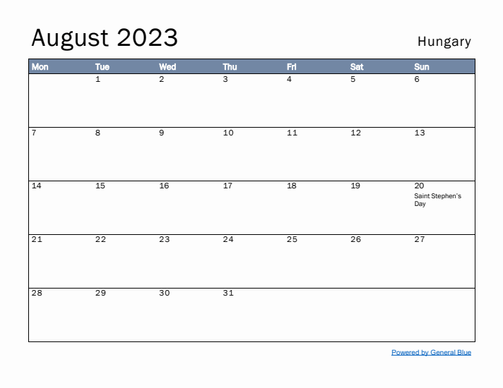 August 2023 Simple Monthly Calendar for Hungary