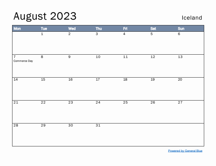 August 2023 Simple Monthly Calendar for Iceland