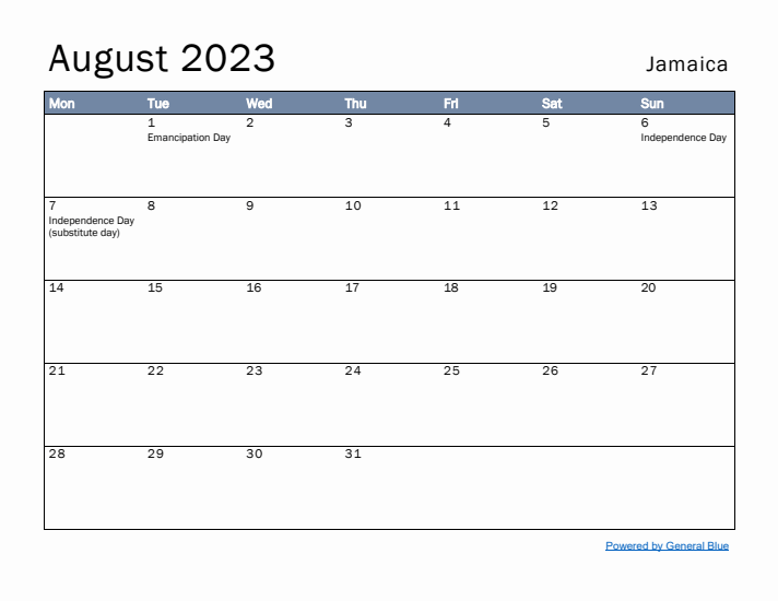 August 2023 Simple Monthly Calendar for Jamaica