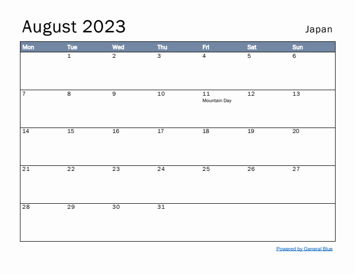 August 2023 Simple Monthly Calendar for Japan