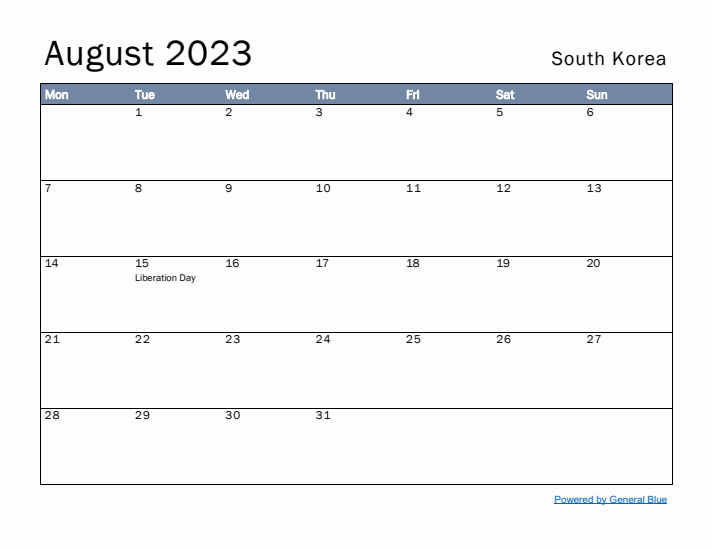 August 2023 Simple Monthly Calendar for South Korea