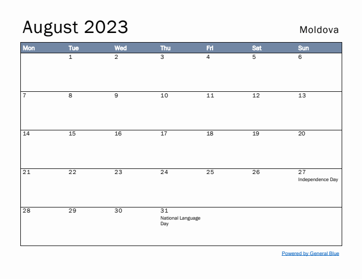 August 2023 Simple Monthly Calendar for Moldova