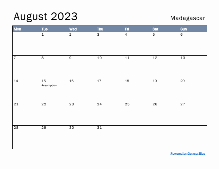 August 2023 Simple Monthly Calendar for Madagascar