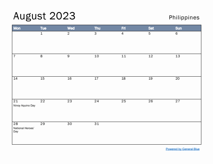 August 2023 Simple Monthly Calendar for Philippines