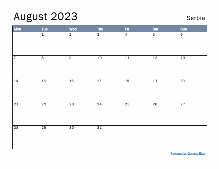 August 2023 Simple Monthly Calendar for Serbia