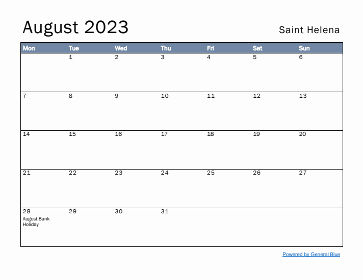 August 2023 Simple Monthly Calendar for Saint Helena