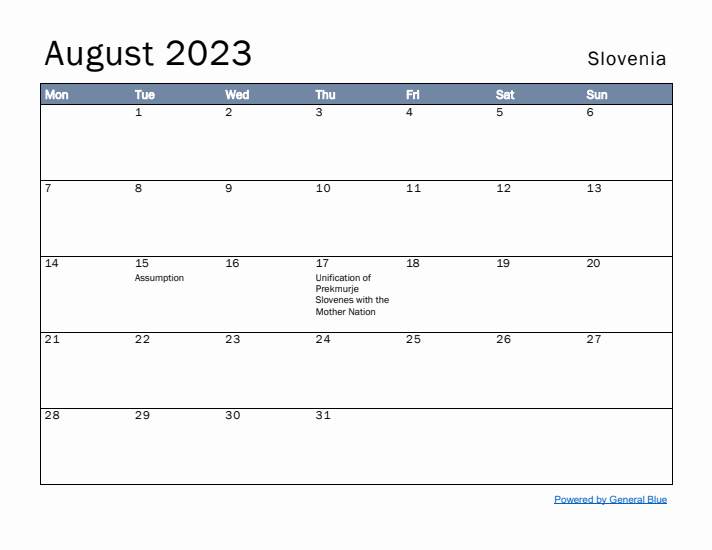 August 2023 Simple Monthly Calendar for Slovenia