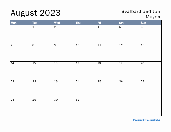 August 2023 Simple Monthly Calendar for Svalbard and Jan Mayen