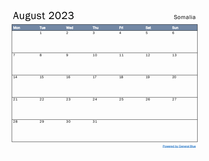 August 2023 Simple Monthly Calendar for Somalia