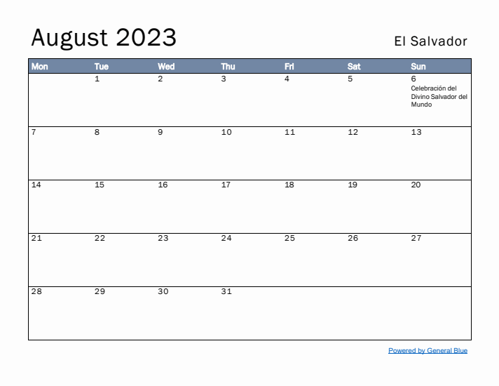 August 2023 Simple Monthly Calendar for El Salvador