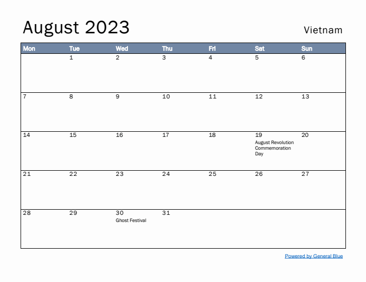 August 2023 Simple Monthly Calendar for Vietnam