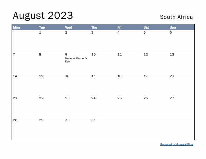 August 2023 Simple Monthly Calendar for South Africa