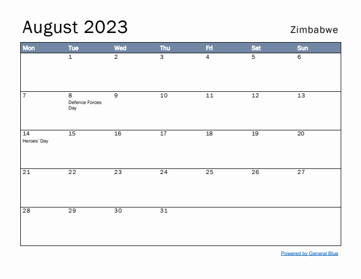 August 2023 Simple Monthly Calendar for Zimbabwe