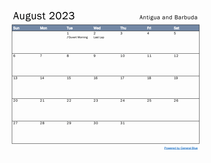 August 2023 Simple Monthly Calendar for Antigua and Barbuda