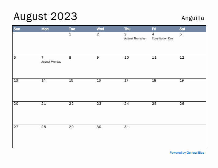 August 2023 Simple Monthly Calendar for Anguilla