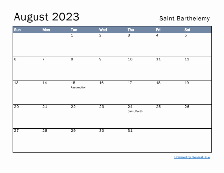 August 2023 Simple Monthly Calendar for Saint Barthelemy