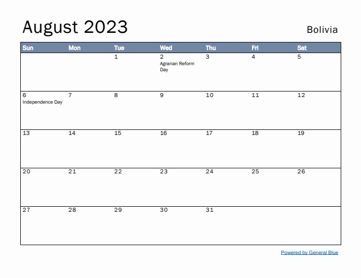 August 2023 Simple Monthly Calendar for Bolivia