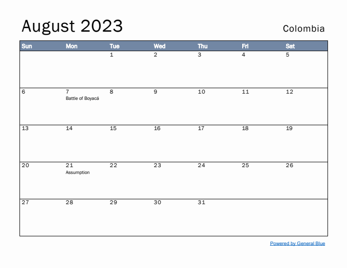 August 2023 Simple Monthly Calendar for Colombia