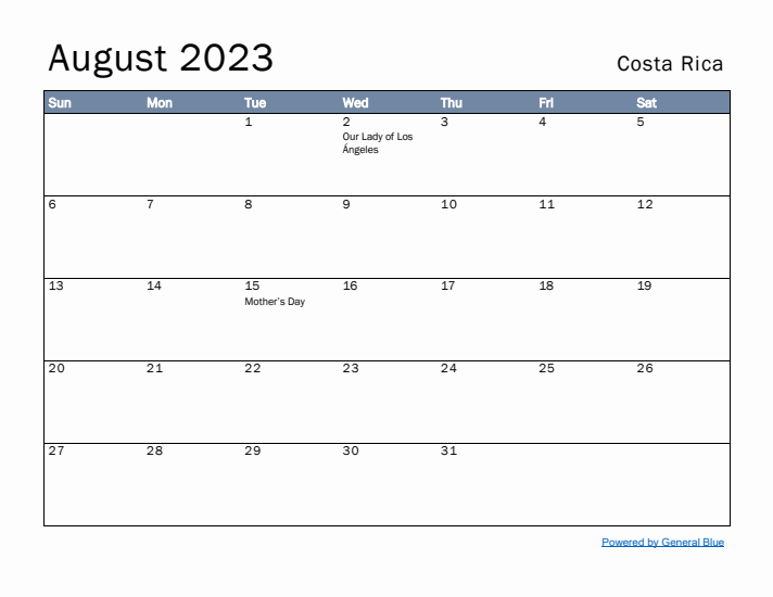 August 2023 Simple Monthly Calendar for Costa Rica