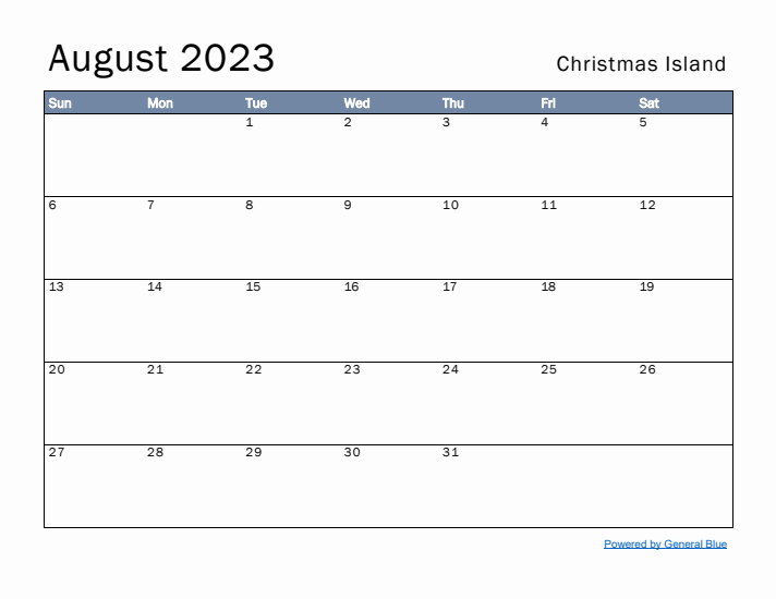 August 2023 Simple Monthly Calendar for Christmas Island