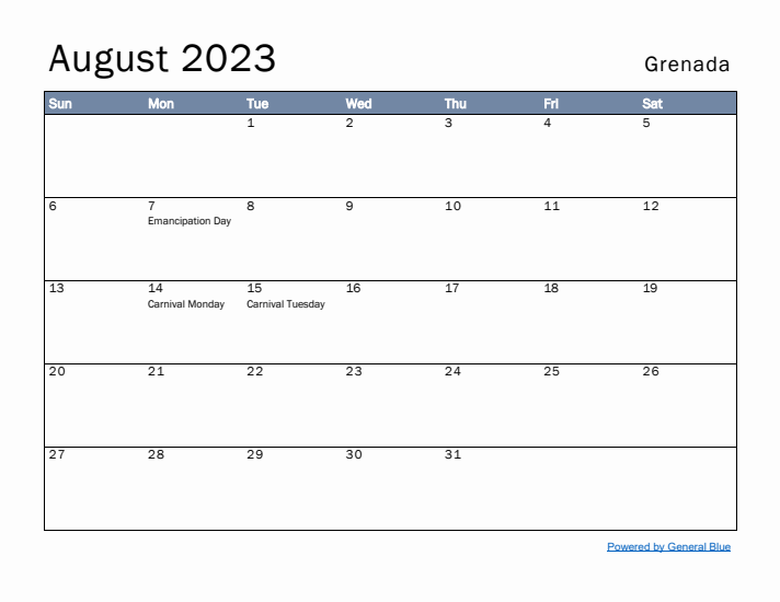 August 2023 Simple Monthly Calendar for Grenada