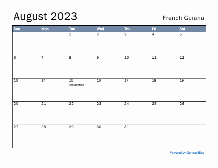 August 2023 Simple Monthly Calendar for French Guiana