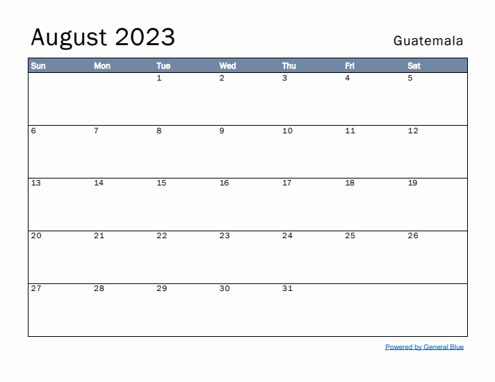 August 2023 Simple Monthly Calendar for Guatemala